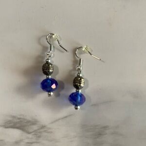 Blue and Silver Colored Beaded Drop Earrings